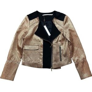 Twelfth Street Cynthia Vincent Metallic Zip Moto Jacket Gold Black Size 4